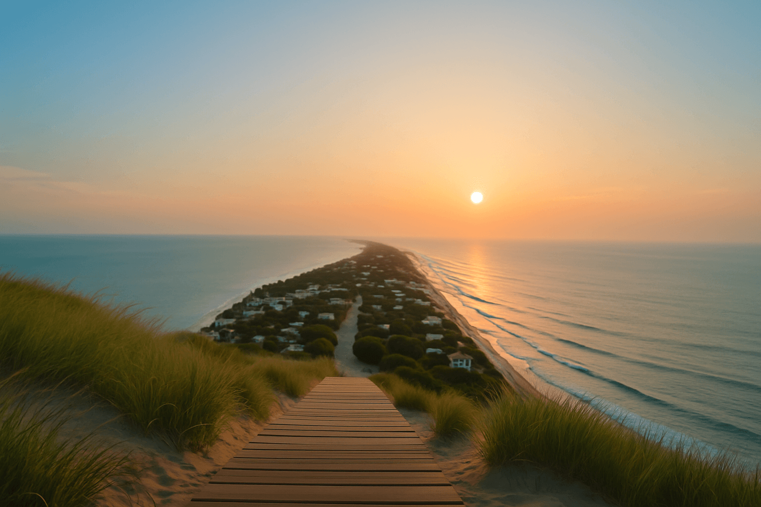 Golden sunset over Fire Island Pines — boardwalk stretching toward the horizon with homes nestled along the shore